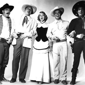 RED GARTERS, from left, Frank Faylen, Jack Carson, Rosemary Clooney, Guy Mitchell, Gene Barry, 1954