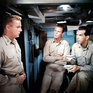 THE CAINE MUTINY, from left: Van Johnson, Robert Francis, Fred MacMurray, 1954