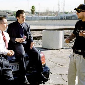 HARSH TIMES, Christian Bale, Freddy Rodríguez, director David Ayer, on set, 2006. ©Bauer Martinez Films