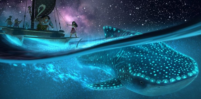 raft with sailors and a whale shark in Moana 2