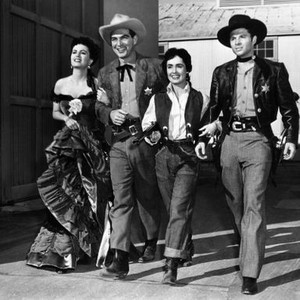 THE DUEL AT SILVER CREEK, from left, Faith Domergue, Stephen McNally, Susan Cabot, Audie Murphy, 1952