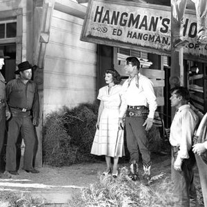 GRAND CANYON TRAIL, first, second, third, fourth, fifith and seventh from left: Tommy Coats, Ken Terrell, Zon Murray, Jane Frazee, Roy Rogers, Andy Devine, 1948
