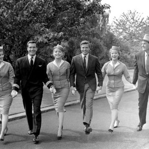 COME FLY WITH ME, from left: Pamela Tiffin, Hugh O'Brian, Dolores Hart, Karl Bohm, Lois Nettleton, Karl Malden, 1963