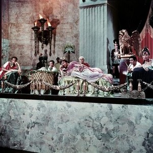 QUO VADIS, Leo Genn (second from left), Peter Ustinov as Nero (crown), Patricia Laffan (reflining right), 1951