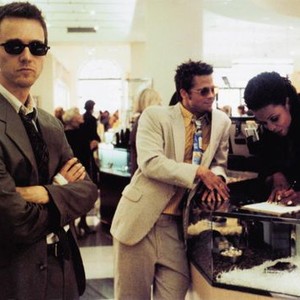 FIGHT CLUB, Edward Norton (arms folded), Brad Pitt (tan jacket), 1999, TM & © 20th Century Fox Film Corp