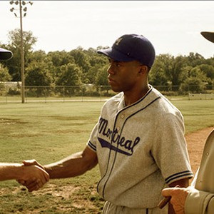 (L-R) Brett Cullen as Clay Hopper, Chadwick Boseman as Jackie Robinson and Harrison Ford as Branch Rickey in "42."
