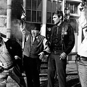 THE OUTLAWS IS COMING, Curly Joe De Rita, Moe Howard, Adam West, Larry Fine, 1965.