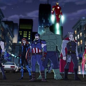 Marvel's Avengers Assemble, from left: Troy Baker, Laura Bailey, Roger Craig Smith, Fred Tatasciore, Adrian Pasdar, Bumper Robinson, 'Adapting To Change', Season 3: Ultron Revolution, Ep. #1, ©DISNEYXD