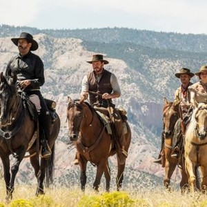 THE MAGNIFICENT SEVEN, from left: Denzel Washington, Chris Pratt, Luke Grimes, Haley Bennett, 2016. ph: Scott Garfield/© Columbia Pictures