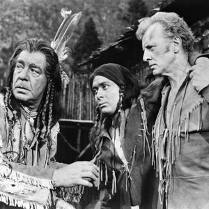 DANIEL BOONE, TRAIL BLAZER, Lon Chaney Jr. (left), Bruce Bennett (right), 1956
