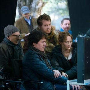 INTO THE WOODS, from left: producer John DeLuca, director Rob Marshall, James Corden, Emily Blunt, 2014. ph: Peter Mountain/©Walt Disney Studios Motion Pictures