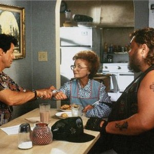 STOP! OR MY MOM WILL SHOOT, from left: Sylvester Stallone, Estelle Getty, Dennis Burkley, 1992, © Universal