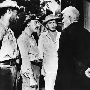 THE DEVIL AT 4 O'CLOCK, facing front from left: Bernie Hamilton, Gregoire Aslan, Frank Sinatra, Spencer Tracy (back to camera), 1961