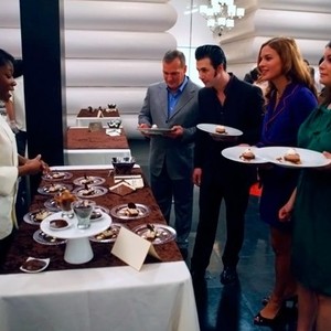 Top Chef: Just Desserts, from left: Jacques Torres, Johnny Iuzzini, Dannielle Kyrillos, Gail Simmons, 'Mr. Chocolate', Season 1, Ep. #1, 09/15/2010, ©BRAVO
