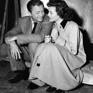 AND BABY MAKES THREE, from left: Robert Young, Barbara Hale, between scenes, on set, 1949