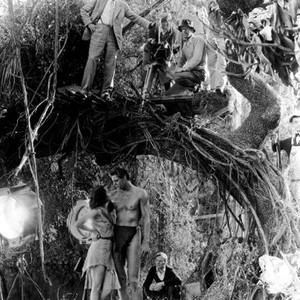 TARZAN THE APE MAN, director W.S. Van Dyke, Maureen O'Sullivan, Johnny Weissmuller on set, 1932