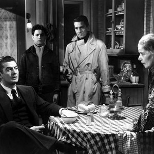 CRY OF THE CITY, Victor Mature (left), Richard Conte (center), Mimi Aguglia, 1948, at gunpoint