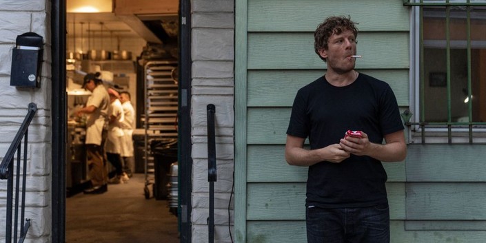 Nick Pearce (James Norton) has a cigarette break at his serving job, in "Ex-Husbands." (Greenwich Entertainment)