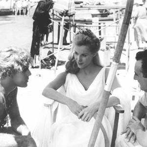 ERIK THE CONQUEROR, from left: George Ardisson, Alice Kessler, director Mario Bava, on set, 1961