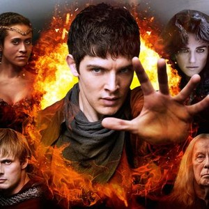 Angel Coulby, Colin Morgan, Katie McGrath, Richard Wilson and Bradley James (clockwise from top left)