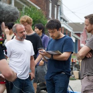 ME AND EARL AND THE DYING GIRL, (aka ME,& EARL & THE DYING GIRL), producer Jeremy Dawson (left), director Alfonso Gomez-Rejon (blue shirt), on set, 2015. ph: Anne Marie Fox/TM & copyright ©Fox Searchlight Pictures. All rights reserved