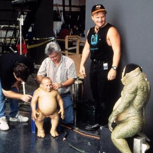 MEN IN BLACK, Verne Troyer being fitted into his alien costume on-set, 1997
