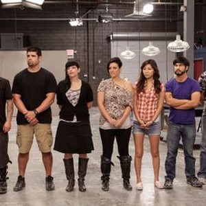 Face Off, from left: Eric Zapata, Eric Fox, Wayne Anderson, Meagan Hester, J. Anthony Kosar, Kris Kobzina, David "House" Greathouse, 'Bugging Out', Season 4, Ep. #6, 02/19/2013, ©SYFY