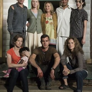 The Leftovers, from left: Amy Brenneman, Christopher Eccleston, Janel Moloney, Justin Theroux, Mimi Leder, Chris Zylka, Carrie Coon, Margaret Qualley, 'I Live Here Now', Season 2, Ep. #10, 12/06/2015, ©HBOMR