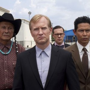 Banshee, from left: Russell Means, Ulrich Thomsen, Matthew Rauch, Anthony Ruivivar, 'Meet the New Boss', Season 1, Ep. #3, 01/25/2013, ©HBO