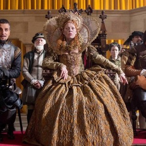 BILL, foreground, first three from left: Jim Hawkins, Ben Willbond as King Phillip II of Spain, Helen McCrory as Queen Elizabeth I, 2015. © Fathom Events