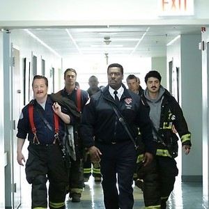 Chicago Fire, from left: Christian Stolte, Taylor Kinney, Eamonn Walker, Jesse Spencer, Yuri Sardarov, 'A Hell Of A Ride', Season 1, Ep. #24, 05/22/2013, ©NBC