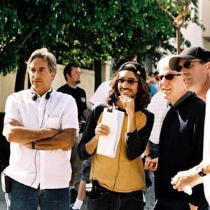 SHOPGIRL, director Anand Tucker (center, left), writer/star Steve Martin (center, right) on set, 2005, (c) Buena Vista