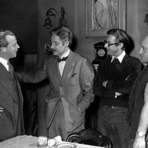 THE MAGIC BOX, screenwriter Eric Ambler, Robert Donat, director John Boulting, lighting cameraman Jack Cardiff on set, 1951