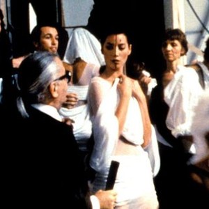 CATWALK, Karl Lagerfeld (in ponytail), giving instructions to Christy Turlington, 1995