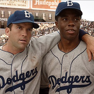 (L-R) Lucas Black as Pee Wee Reese and Chadwick Boseman as Jackie Robinson in "42."