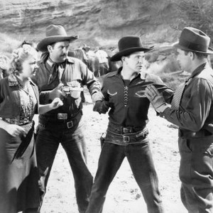 FEUD OF THE RANGE, first, second and third from left: Gertrude Messinger, Charles King, Bob Steele, 1939