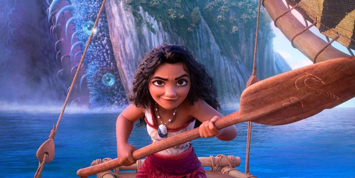 Moana (voiced by Auli’i Cravalho) about to take on a giant clam, in "Moana 2." (Walt Disney Animation Studios)