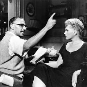 IT SHOULD HAPPEN TO YOU, from left: director George Cukor, Judy Holliday, rehearsing, on set, 1954