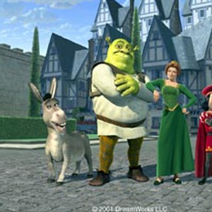 (L to R) Donkey (EDDIE MURPHY), Shrek (MIKE MYERS), Princess Fiona (CAMERON DIAZ) and Lord Farquaad (JOHN LITHGOW) are the main characters in DreamWorks Pictures' computer animated comedy SHREK. photo 1