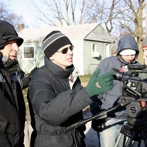 LONESOME JIM, cinematographer Phil Parmet (left), director Steve Buscemi (sunglasses), on set, 2005, ©IFC Films