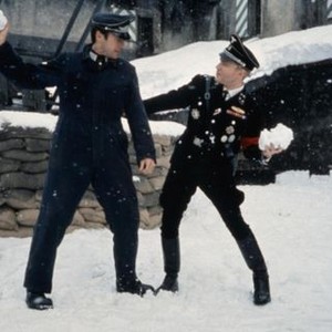 WHERE EAGLES DARE, Clint Eastwood, Derren Nesbitt engage in a snowball fight on set, 1968