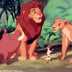 Timon (center right) and Pumbaa (left) have an uneasy feeling that Simba's (center left) reunion with childhood pal, Nala (right) is giong to put a crimp in their "hakuna matata" way of life. photo 9