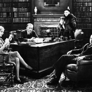 IMPATIENT MAIDEN, Mae Clarke (seated left), John Halliday (behind desk), Cecil Cunningham (with dog), Lorin Raker (seated right), 1932
