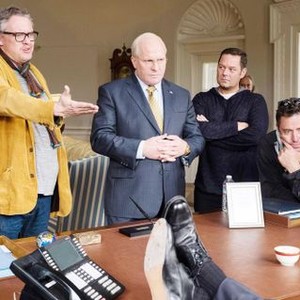 VICE, FROM LEFT: DIRECTOR ADAM MCKAY, CHRISTIAN BALE AS DICK CHENEY, PRODUCER KEVIN MESSICK, AND CINEMATOGRAPHER GREIG FRASER ON SET, 2018. PH: MATT KENNEDY/© ANNAPURNA PICTURES