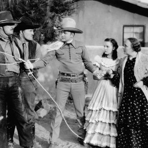 RIDERS OF THE FRONTIER, from left: Nolan Willis, Roy Barcroft, Tex Ritter, Jean Joyce, Maris Sais, 1939