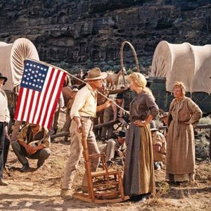 THE WAY WEST, Stubby Kaye (left), Richard Widmark (with flag), Lola Albright (hands on hips), 1967