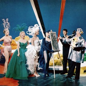 ARTISTS AND MODELS, from left: Anita Ekberg, Eva Gabor, Dorothy Malone, Shirley MacLaine, Dean Martin, Jerry Lewis, 1955
