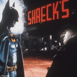 (L-R) Michael Keaton as Batman and Danny DeVito as Penguin in "Batman Returns."