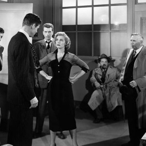 THE RACKET, Robert Mitchum (far left), Robert Ryan, Lizabeth Scott, William Conrad (sitting), Walter Sande (back right), Ray Collins, 1951