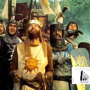MONTY PYTHON AND THE HOLY GRAIL, rear from left: Eric Idle, Michael Palin, center from left: John Cleese, Terry Jones (helmet), Graham Chapman as King Arthur (front), 1975